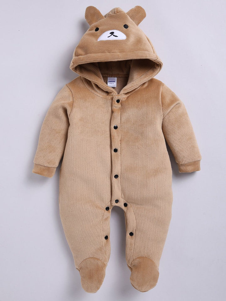 Moms Love Infant Boys Pure Cotton Velvet Finish Ribbed Hooded Sleepsuit