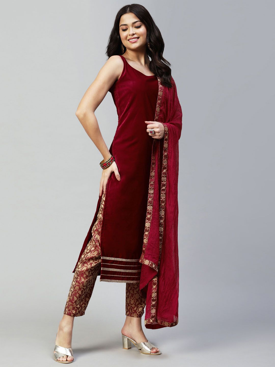 KALINI Ethnic Motifs Embroidered Velvet Straight Kurta With Trousers & Dupatta