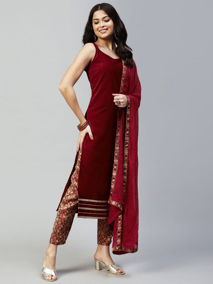 KALINI Ethnic Motifs Embroidered Velvet Straight Kurta With Trousers & Dupatta