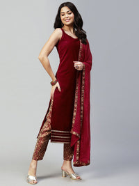 KALINI Ethnic Motifs Embroidered Velvet Straight Kurta With Trousers & Dupatta