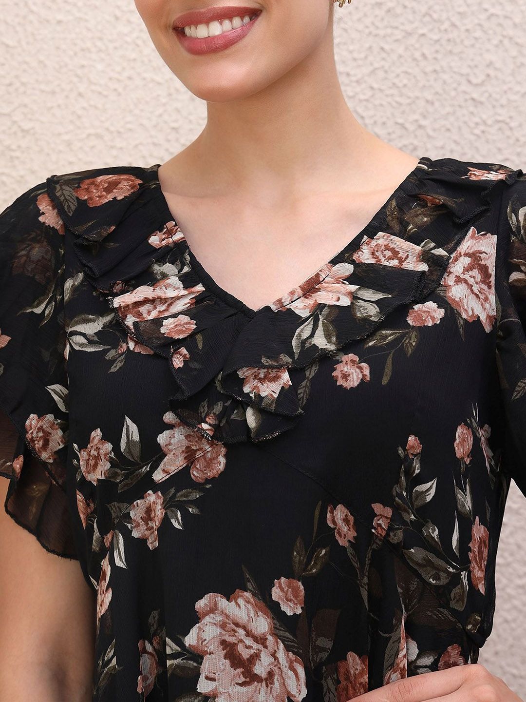Antheaa Women Floral Printed Flared Sleeve Empire Top