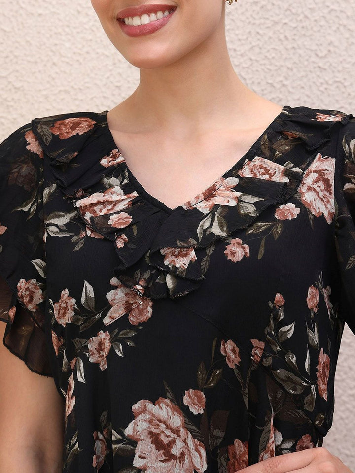 Antheaa Women Floral Printed Flared Sleeve Empire Top