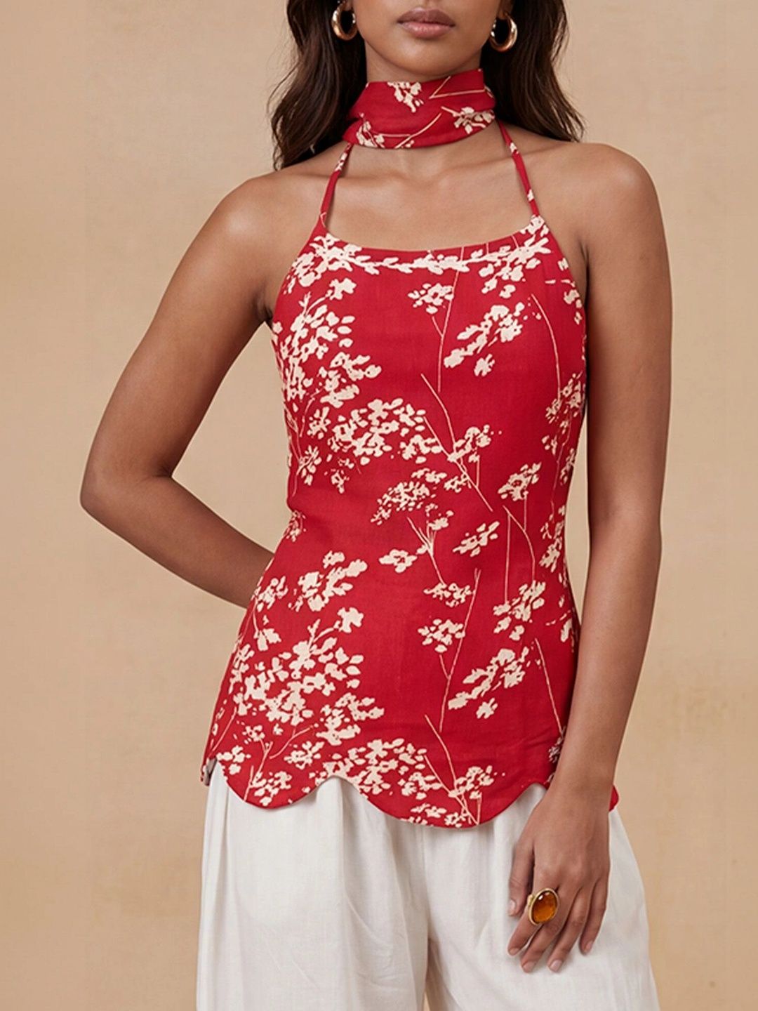 Rumah Wanita Chikankari Floral Printed Halter Leher Kurta Bunga