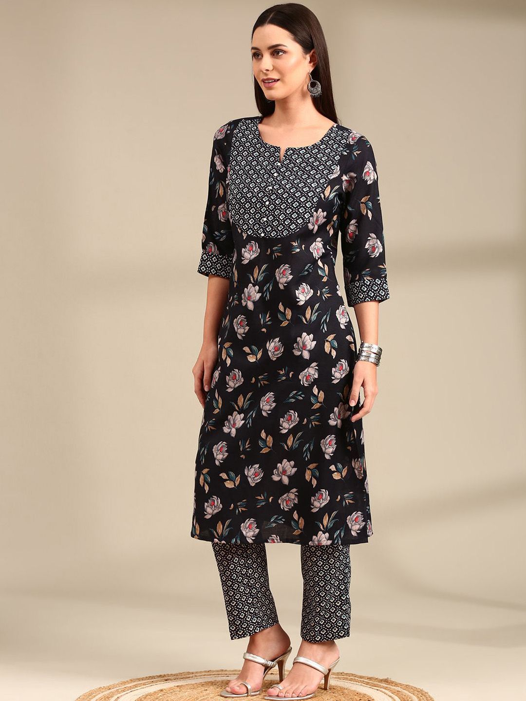 Anouk Navy Blue Floral Printed Notch Neck Straight Kurta with Trousers & Dupatta