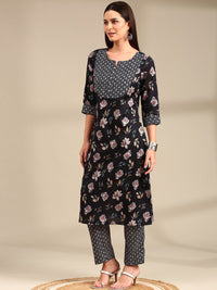 Anouk Navy Blue Floral Printed Notch Neck Straight Kurta with Trousers & Dupatta