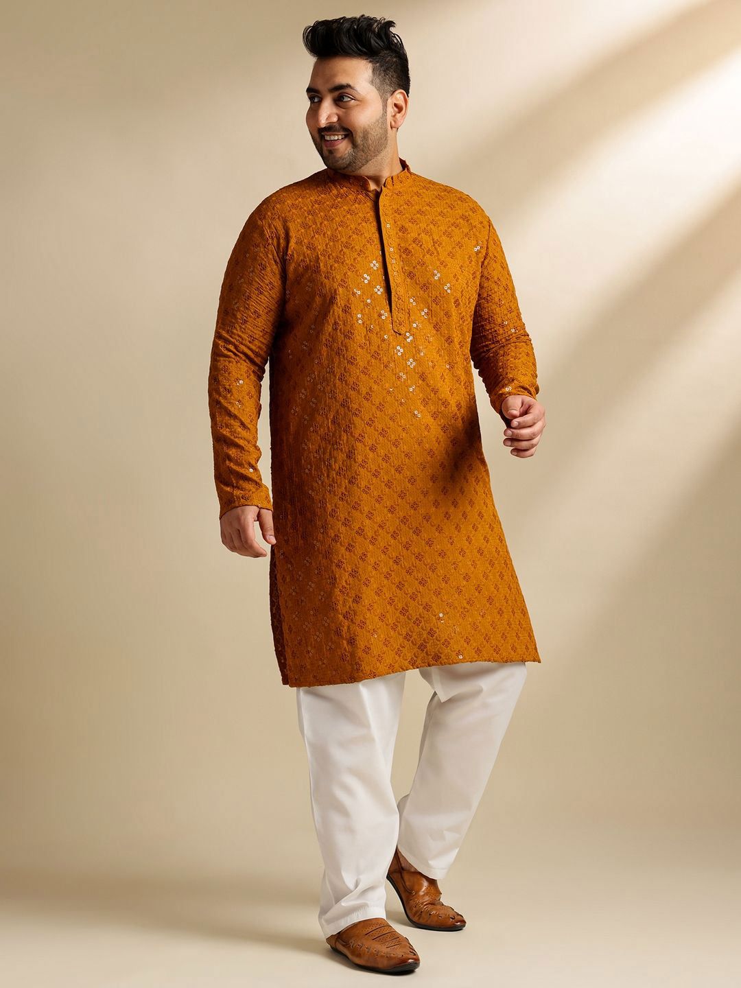 SOJANYA PLUS Men Plus Size Embellished Festive Cotton Straight Kurta