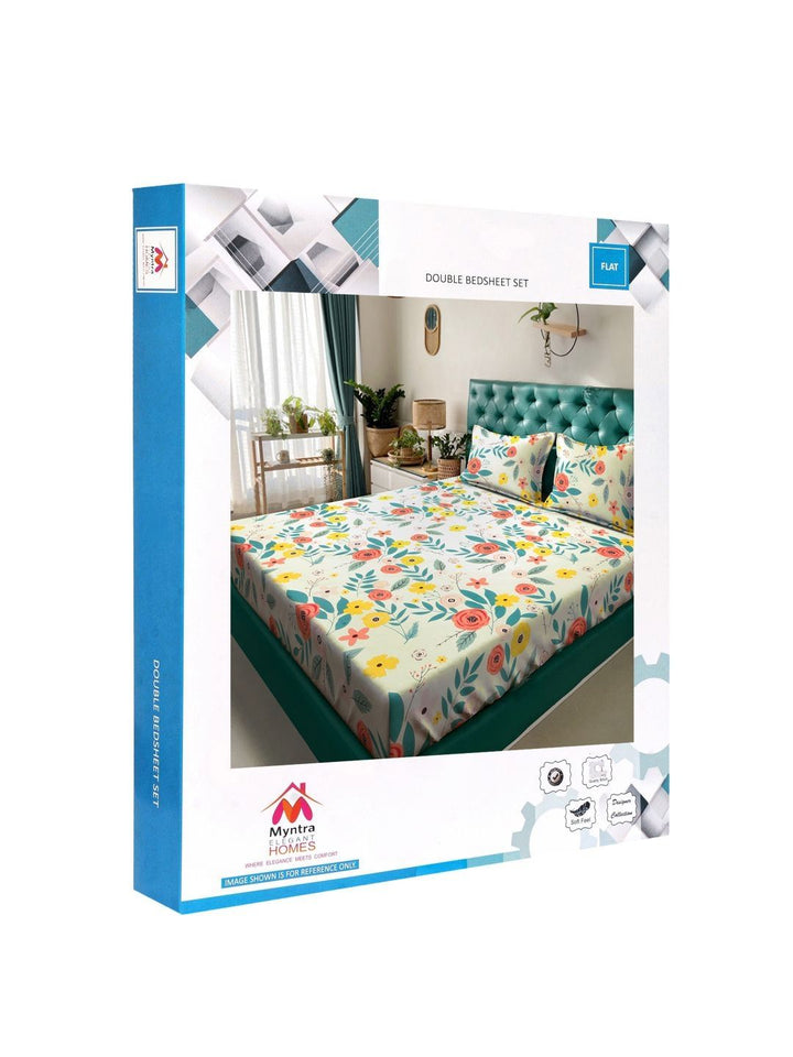 Myntra Elegant Homes White & Green Floral Printed Set Cadar King 300 TC 2.5 x 2.2 m