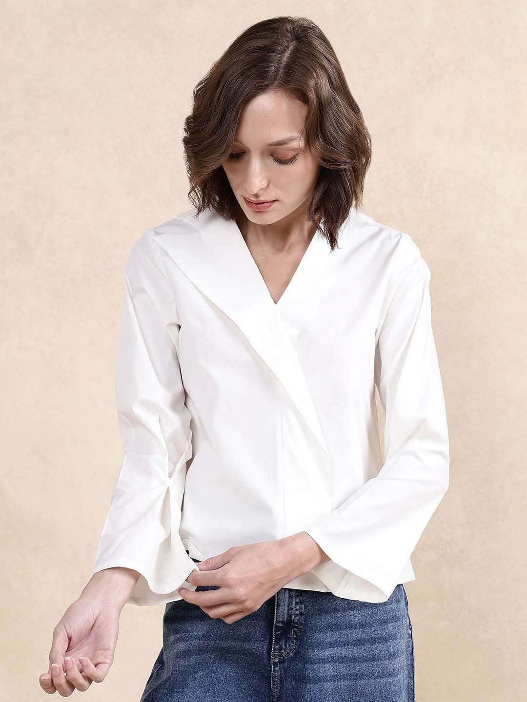 RAREISM Women Solid V-Neck Cotton Top