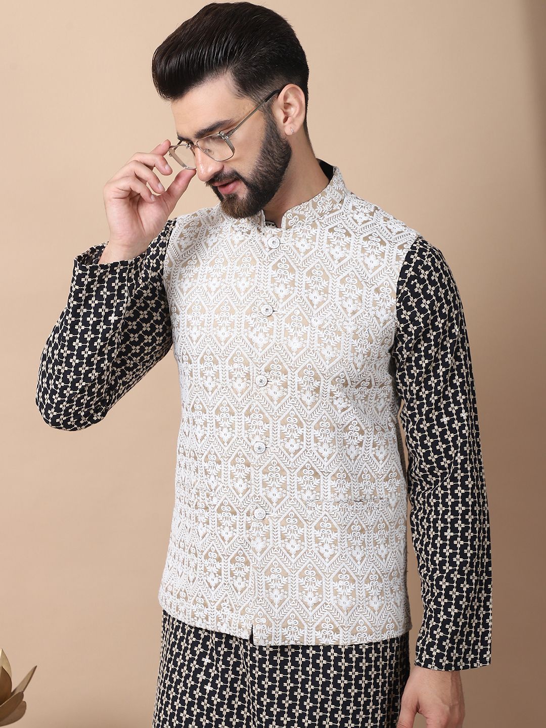 Anouk Black Floral Embroidered Thread Work Pure Cotton Kurta with Churidar & Nehru Jacket