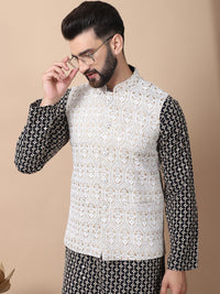 Anouk Black Floral Embroidered Thread Work Pure Cotton Kurta with Churidar & Nehru Jacket