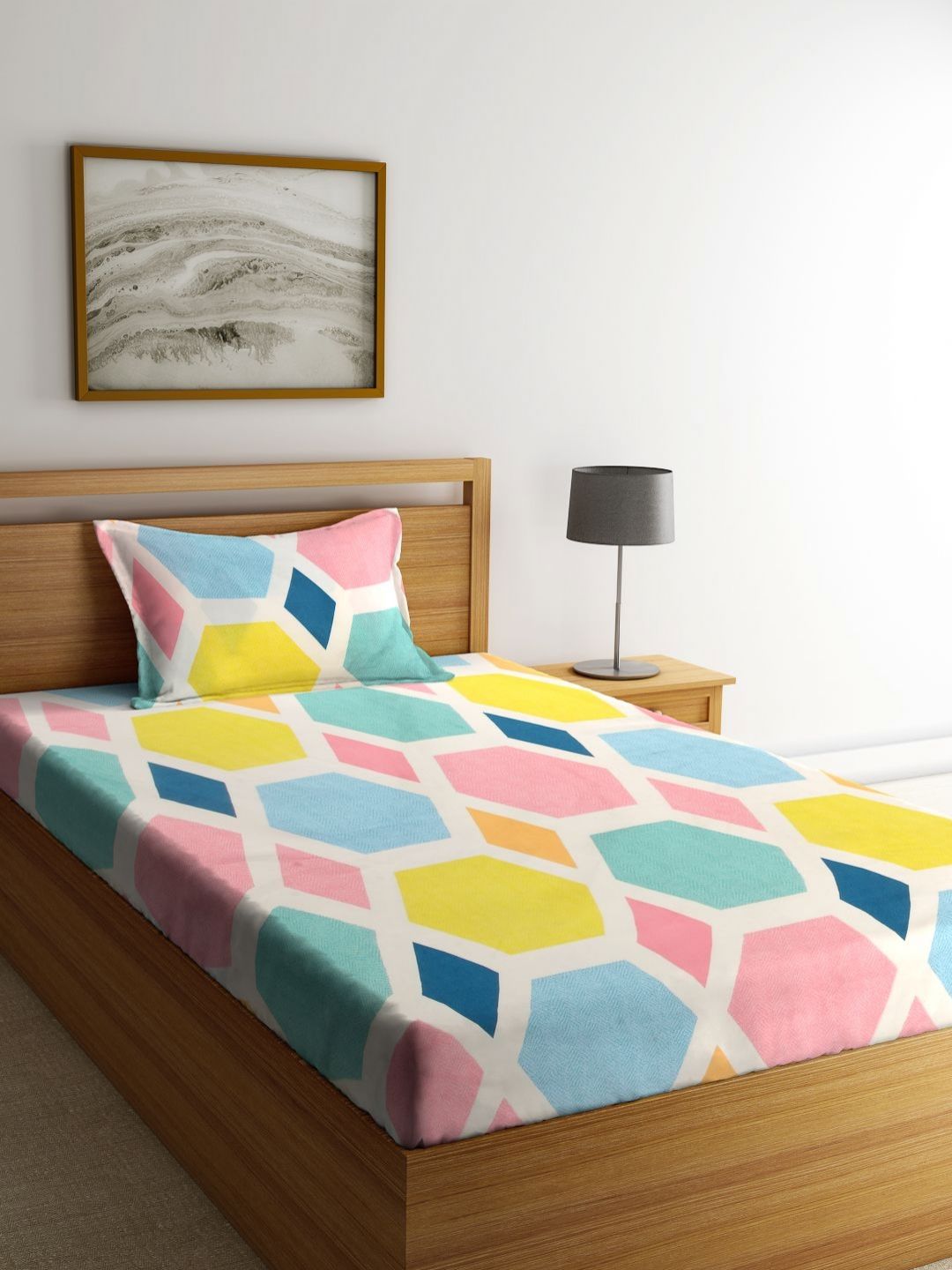 Myntra Elegant Homes White & Blue Printed Set Cadar Bujang 300 TC 2.25m x 1.50m
