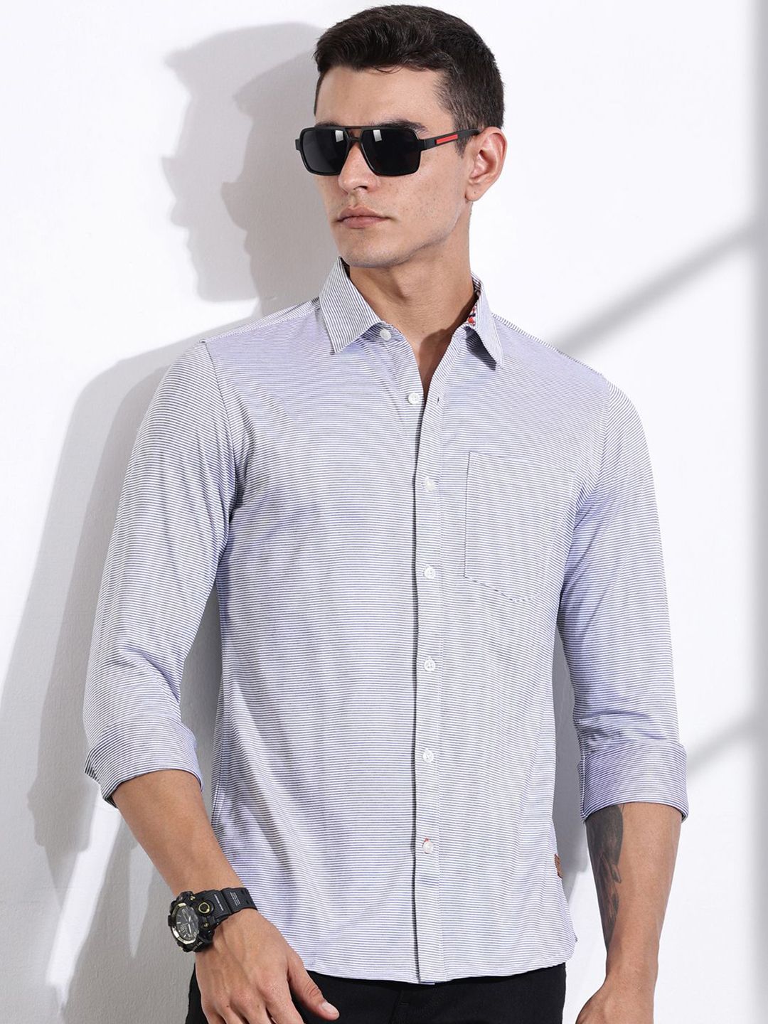 Thomas Scott Men Classic Slim Fit Spread Collar Pinstripes Striped Cotton Knitted Shirt