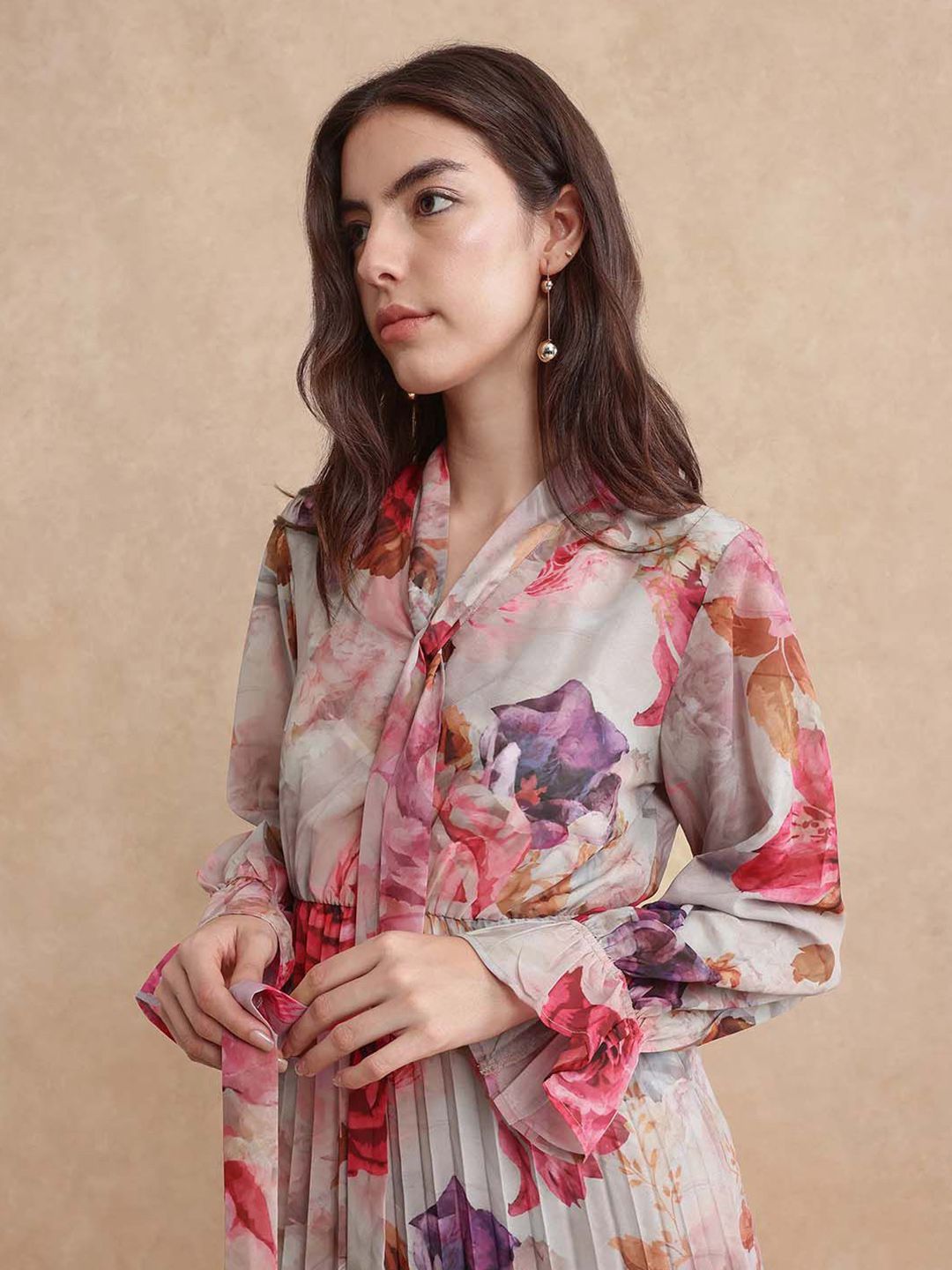 RAREISM Floral Print Tie-Up Neck A-Line Maxi Dress