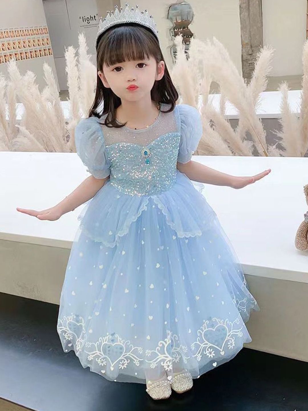 YK Girls Self Design Embellished Puff Sleeve Fit & Flare Dress