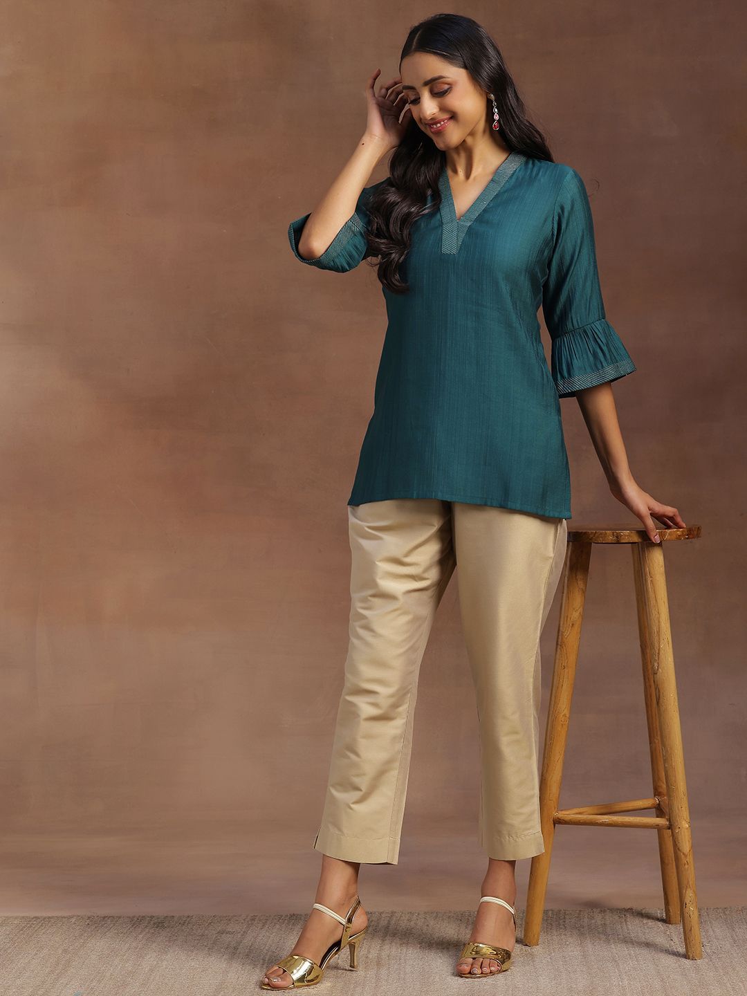 Libas Striped V-Neck Bell Sleeves Zari Straight Kurti