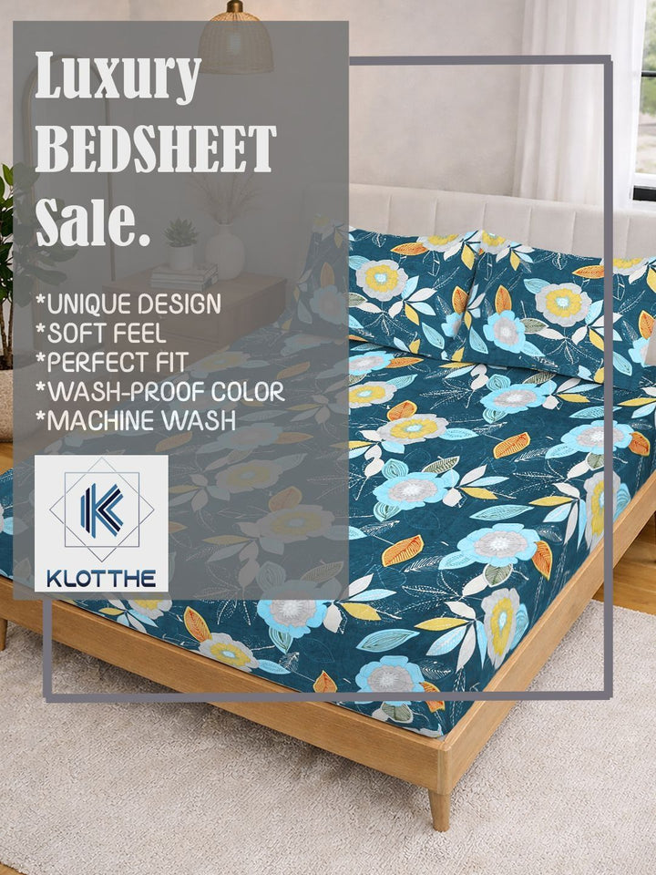 KLOTTHE Blue Floral Printed 300 TC Cadar King