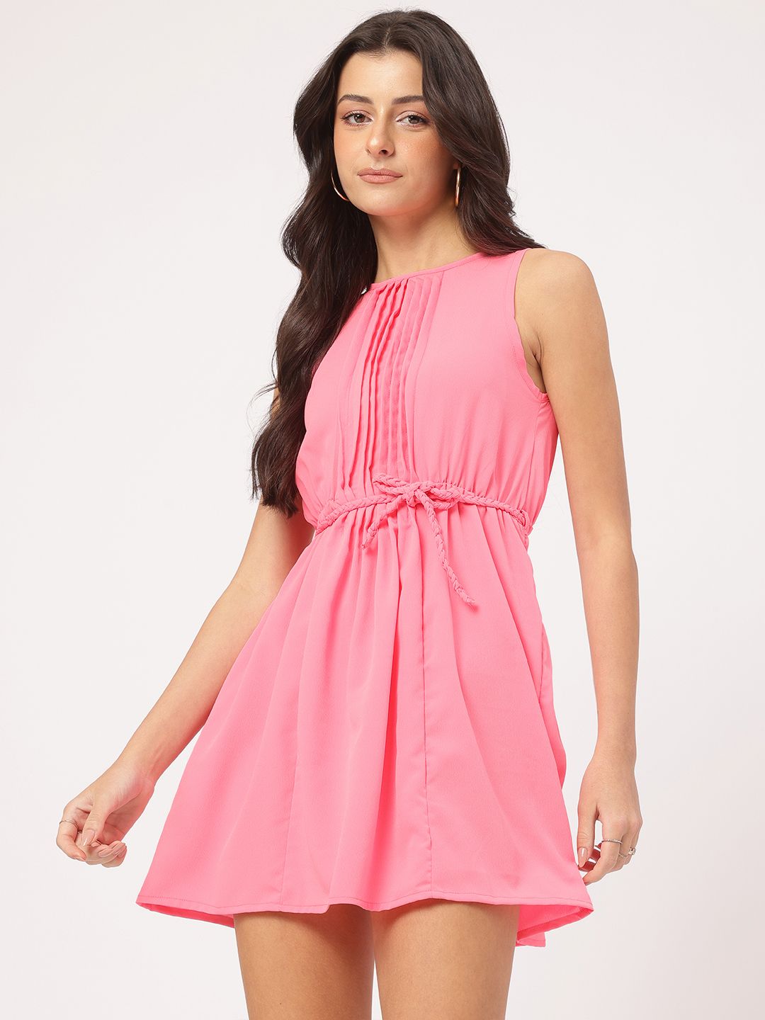DressBerry Luxe Colorplay Belted Mini A-line Dress with Pintucks-Detail