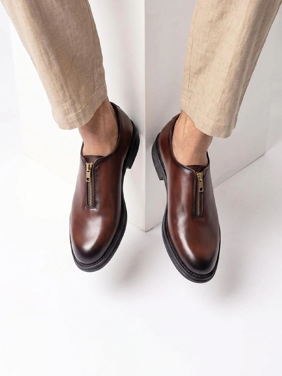 MONKSTORY Brown Atelier 1937 Zip Up Oxford Slip-Ons