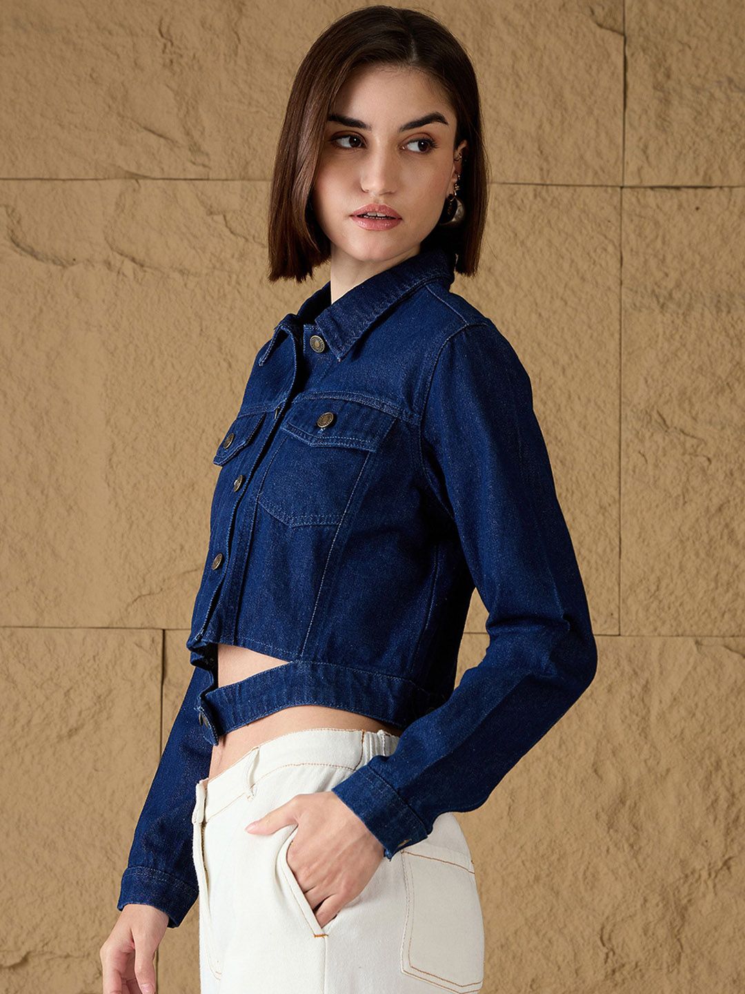 SASSAFRAS Women Crop Denim Jacket with Embroidered