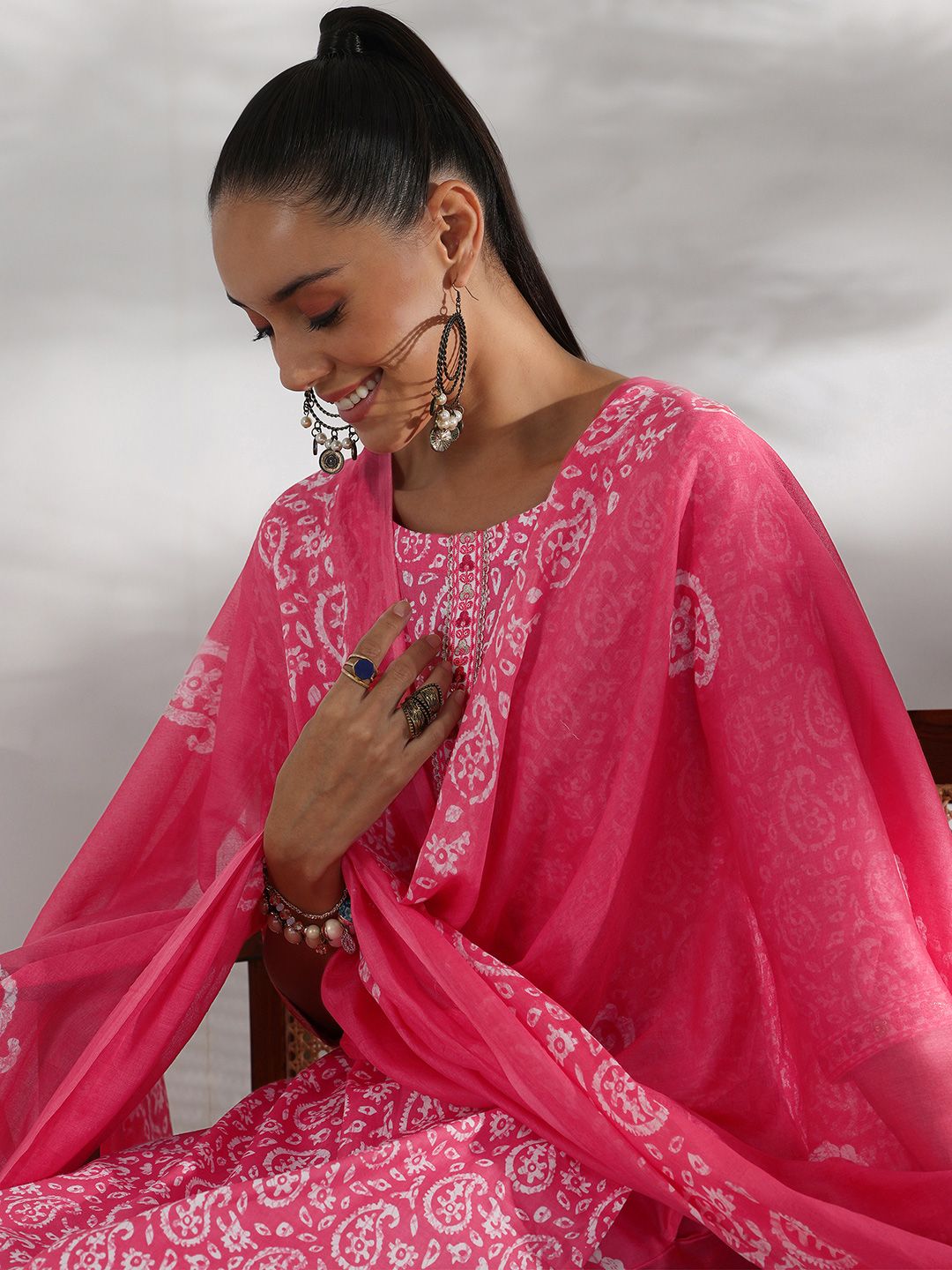 Libas Paisley Printed Regular Thread Work Pure Cotton Kurta With Trousers With Dupatta