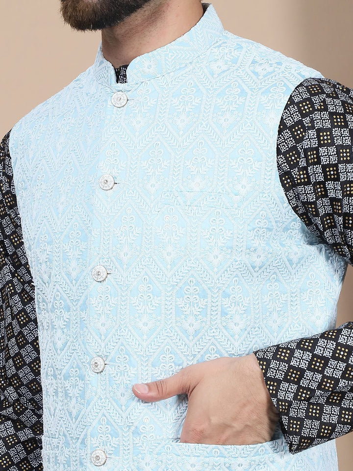 Anouk Floral Printed Regular Straight Kurta With Churidar & Nehru Jacket