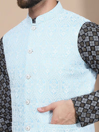 Anouk Floral Printed Regular Straight Kurta With Churidar & Nehru Jacket