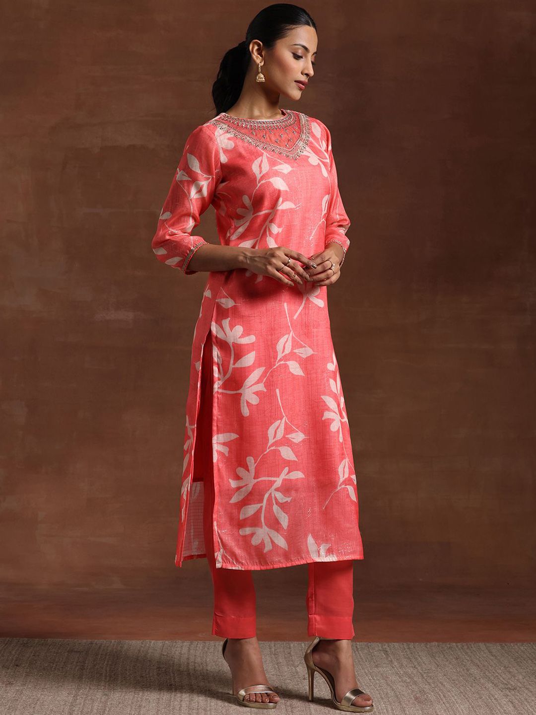 Libas Floral Yoke Design Straight Kurta with Trousers & Dupatta