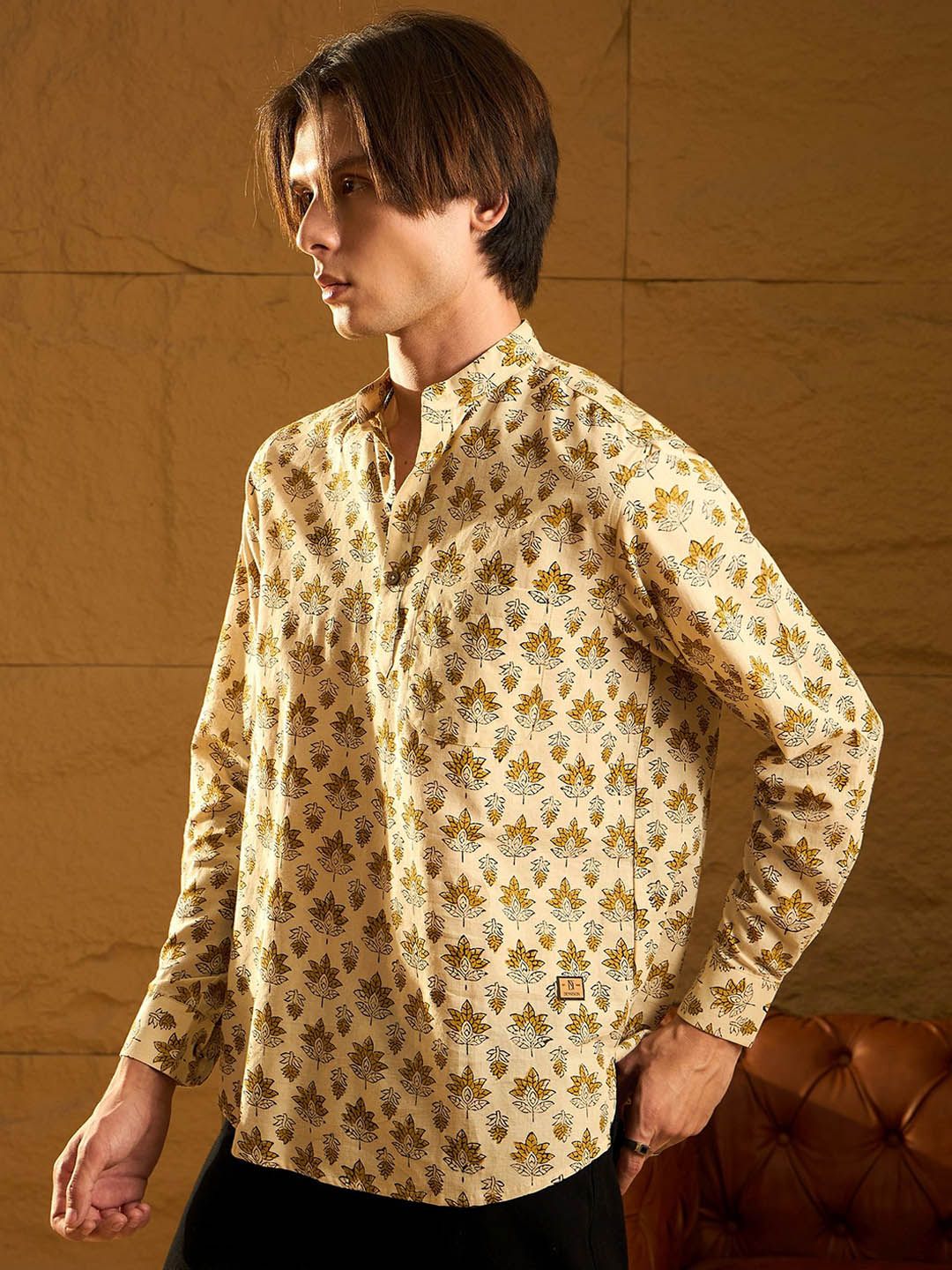 Dennison Floral Block dicetak kapas kolar mandarin pendek kurta pendek