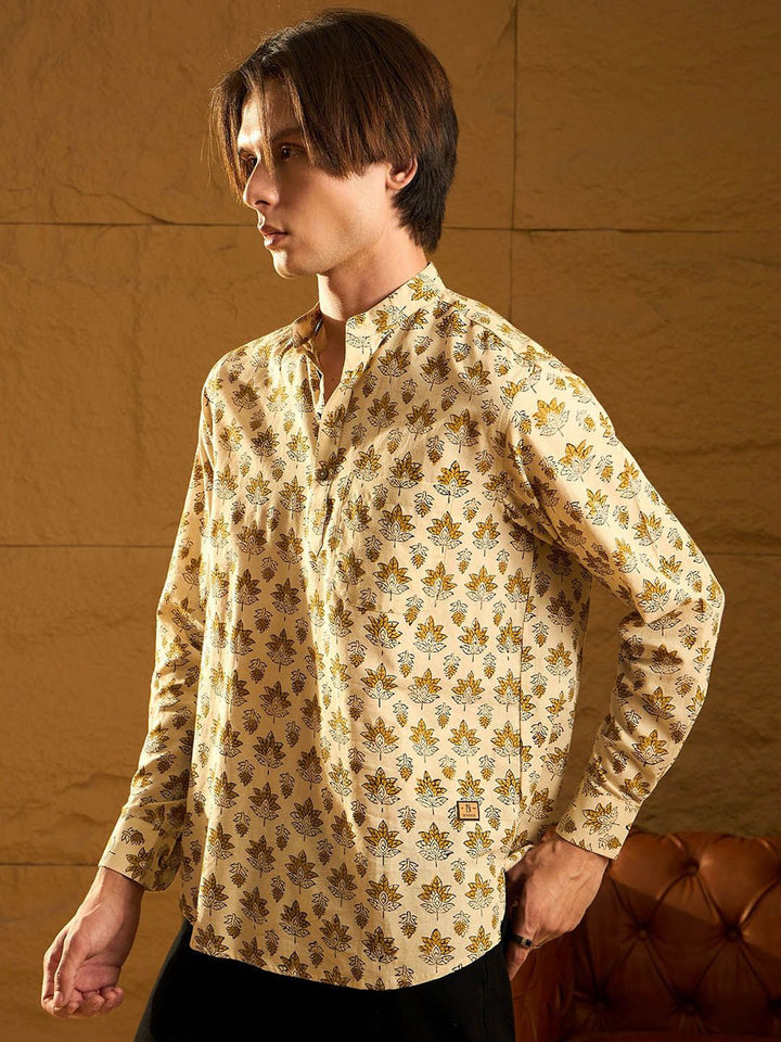 Dennison Floral Block dicetak kapas kolar mandarin pendek kurta pendek