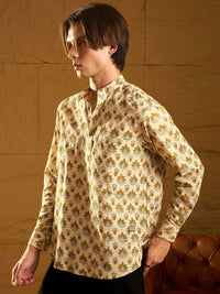 Dennison Floral Block dicetak kapas kolar mandarin pendek kurta pendek