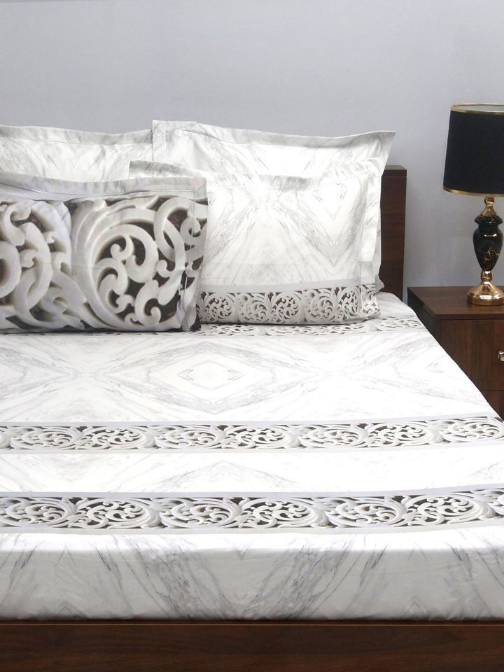 BOMBAY DYEING Urban Living Grey Printed 400 TC Cotton King Bedsheet with 4 Pillow Covers
