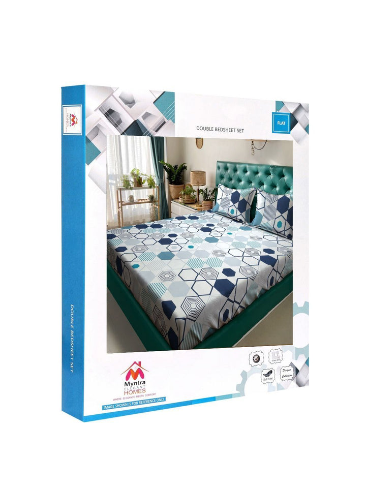 Myntra Elegant Homes Putih & Biru Laut Bercetak Set Cadar King 300 TC 2.50 m x 2.20m