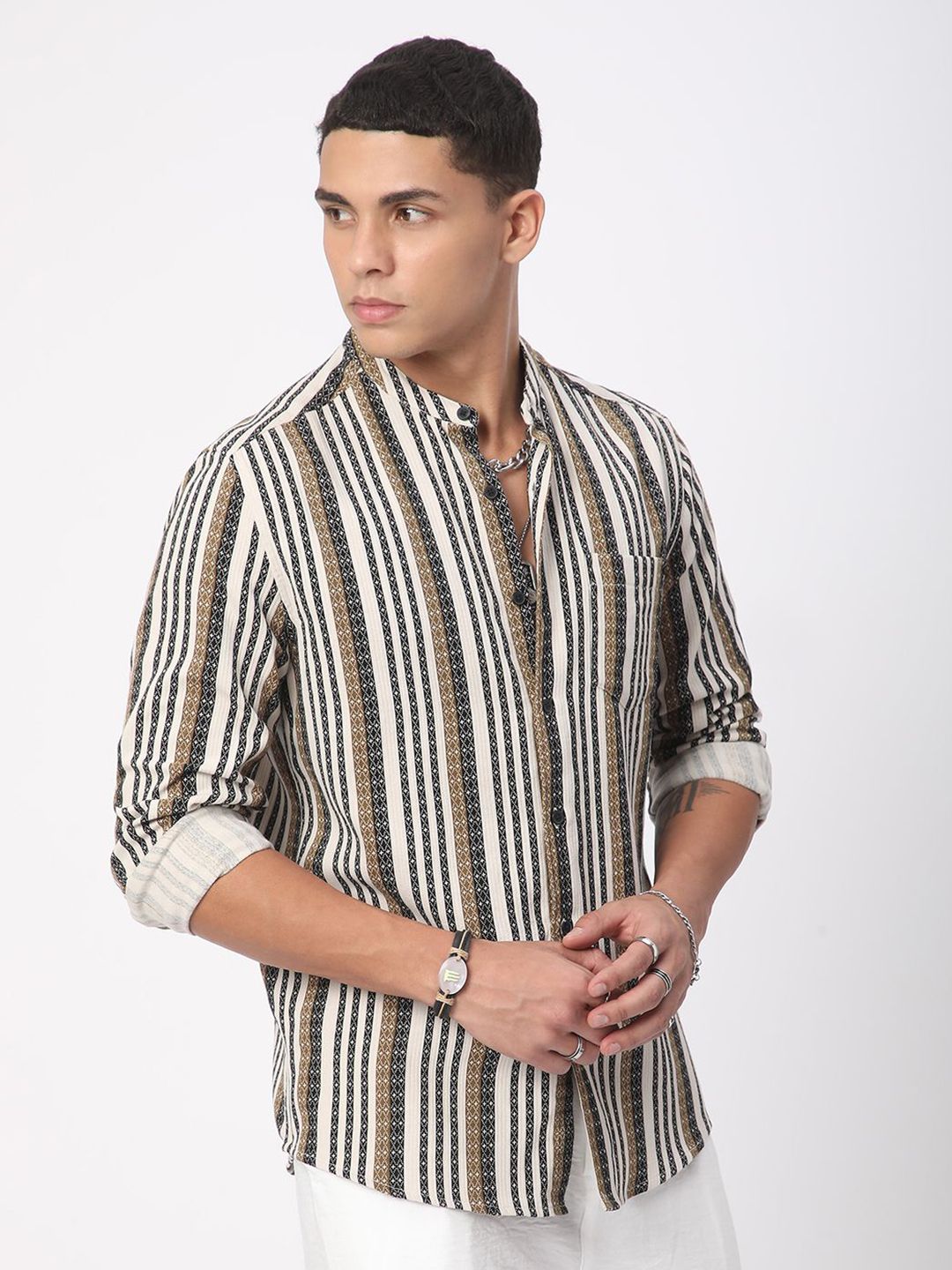 VASTRADO Men Classic Slim Fit Multi Stripes Opaque Striped Casual Shirt