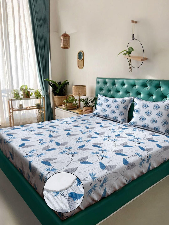 KLOTTHE Blue Floral Printed Dilengkapi 400 TC Kapas Cadar King & 2 Sarung Bantal
