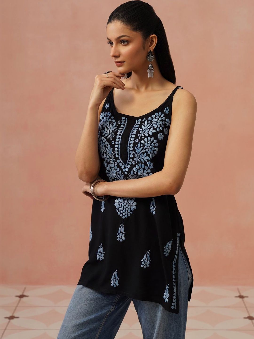 Rumah Wanita Chikankari Kurta Sulam Bunga