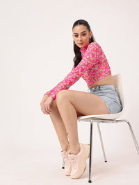 DressBerry Gentle Bloom Printed Soft Mesh Semi Sheer Fitted Crop Top
