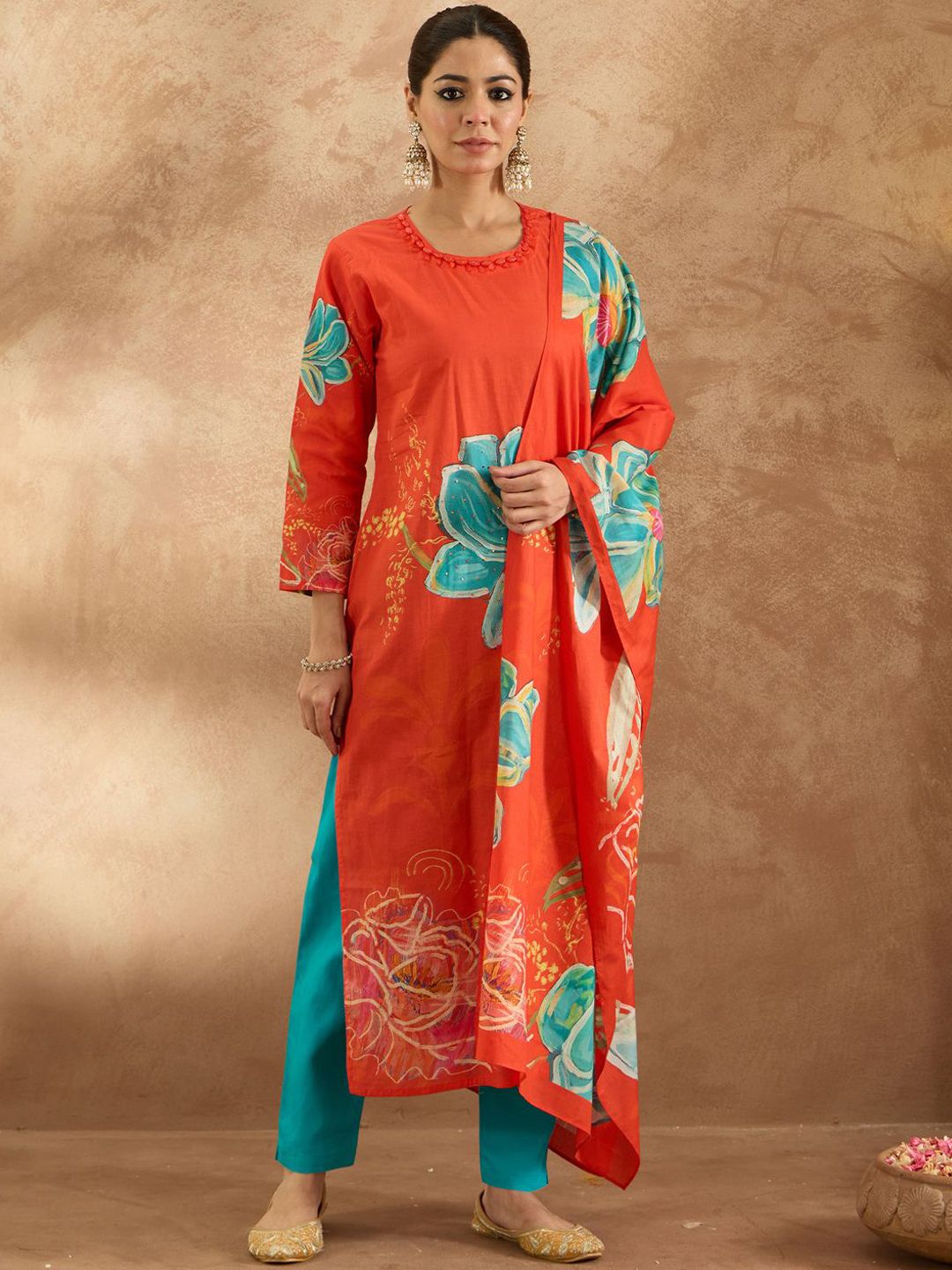 Indo Era Women Floral Printed Regular Pure Cotton Kurta with Trousers & Dupatta
