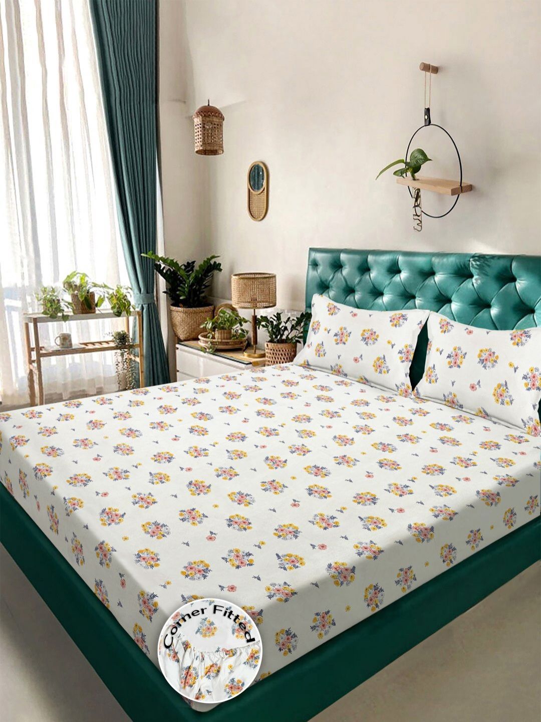 KLOTTHE Bercetak Berwarna Krim Cadar 300 TC King Dengan 2 Sarung Bantal - 2.50 x 2.25 m