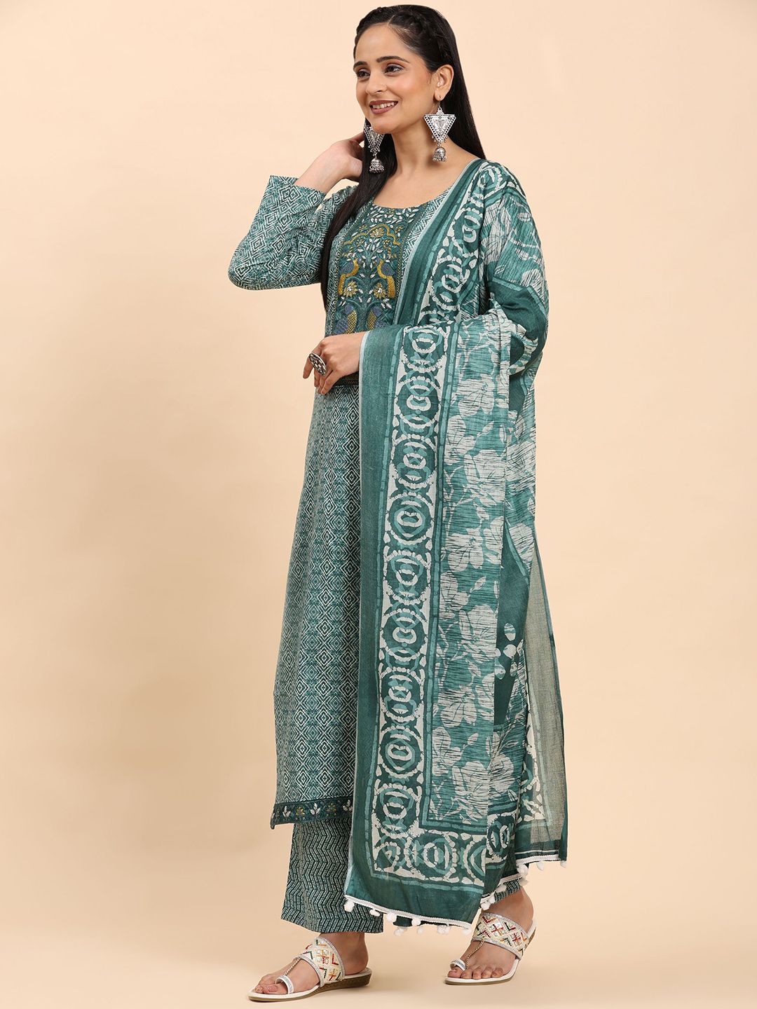 Mamicha Wanita Bercetak Kurta Kapas Tulen Biasa dengan Palazzos & Dengan Dupatta