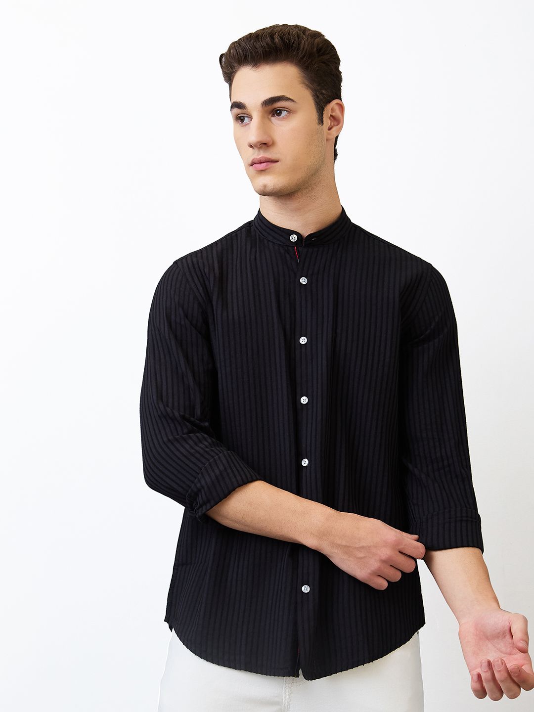 SPYKAR Men Band Collar Vertical Striped Cotton Casual Shirt