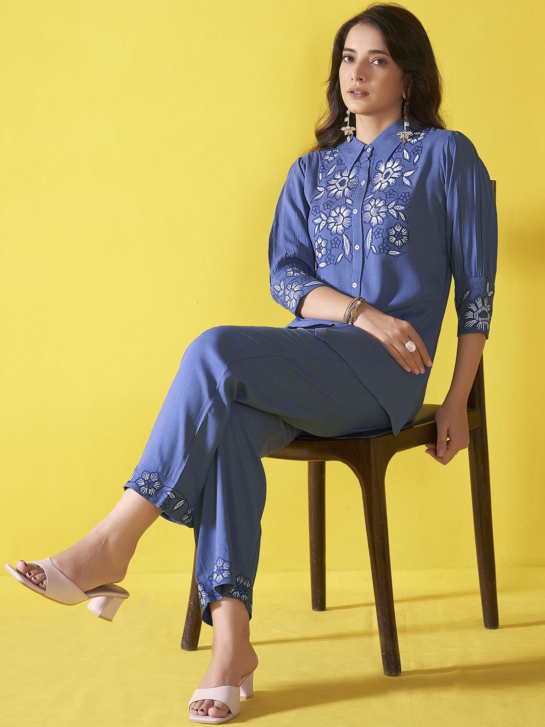 Anouk Blue and white Embroidered Liva Shirt With Trouser