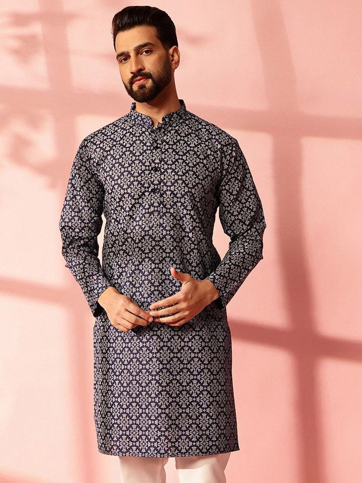 Anouk Floral Printed Mandarin Collar Cotton Linen Straight Kurta