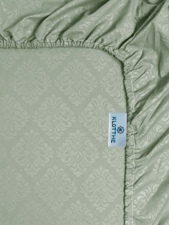 KLOTTHE Green Floral Embossed Printed Fitted 400TC King Bedsheet With 2 Pillow Cover