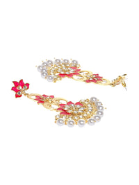 Anouk Pink & Off-White Gold-Plated Stone Studded & Beaded Floral Drop Earrings