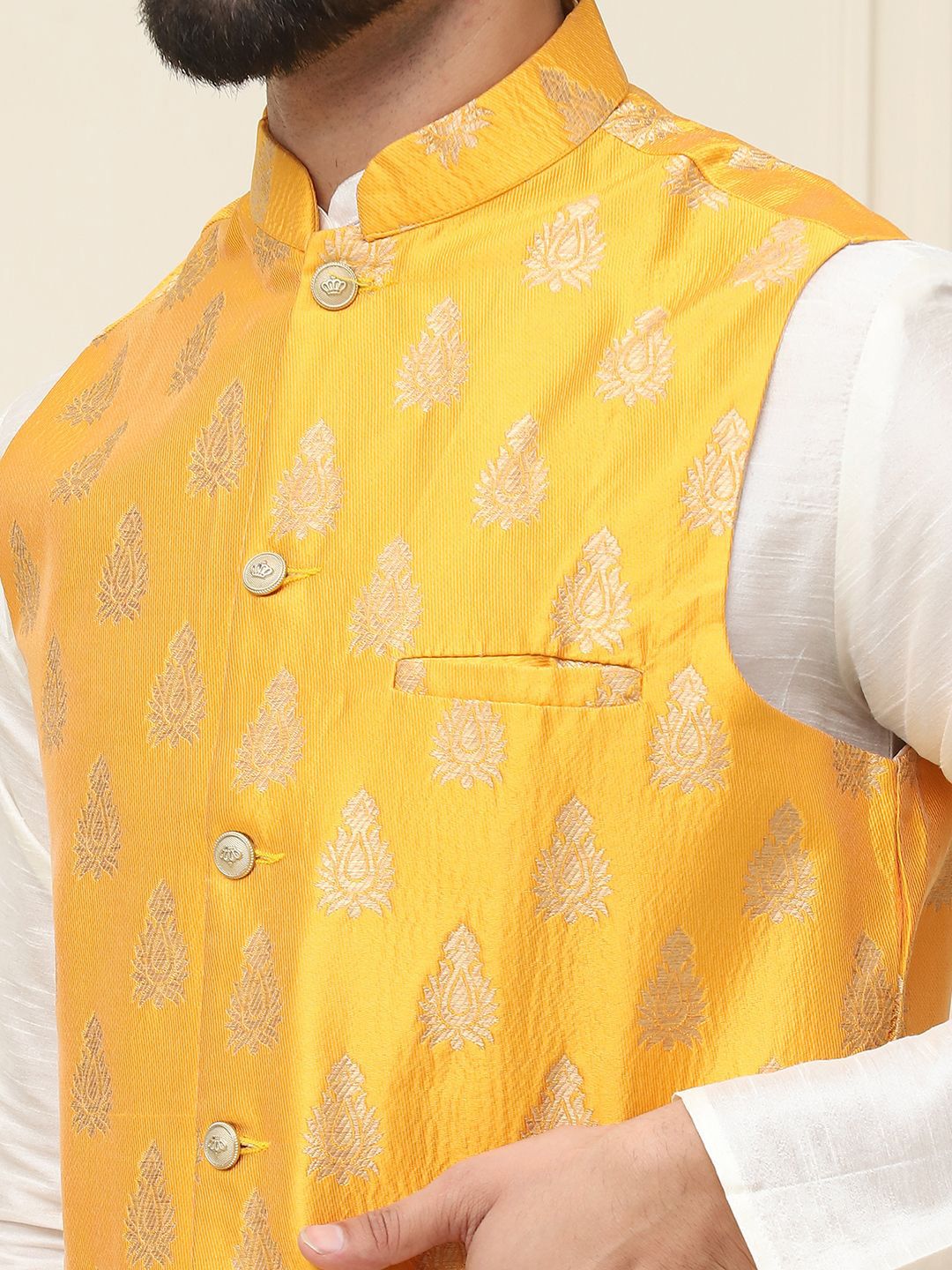 SOJANYA Mandarin Collar Silk Cotton Straight Kurta with Churidar & Nehru jacket