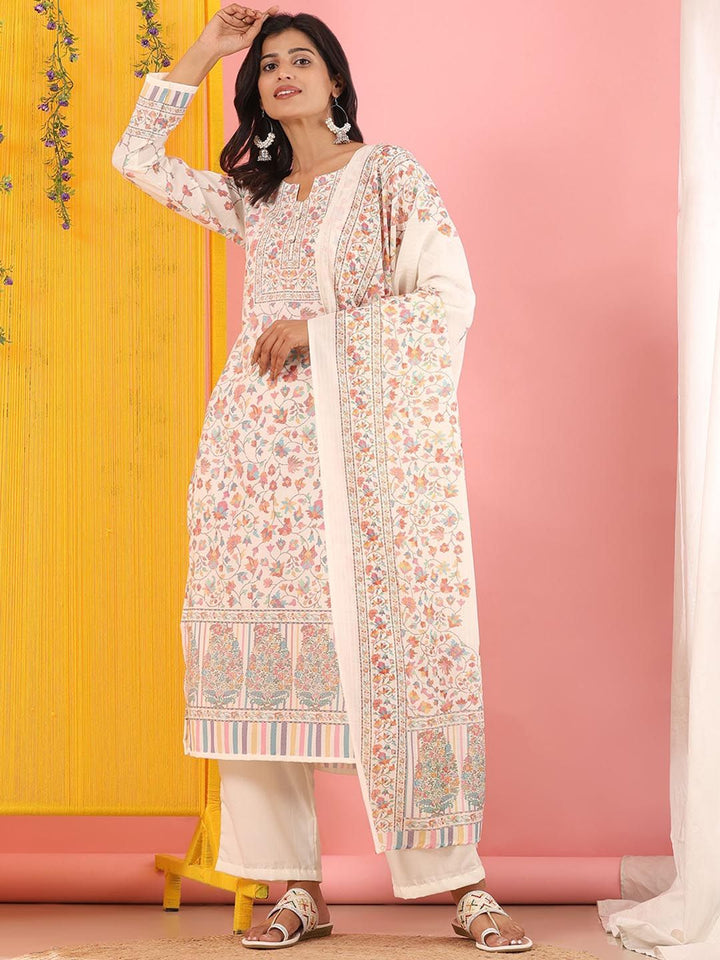 Mamicha Women Ethnic Motifs Printed Regular Thread Work Pure Cotton Kurta with Palazzos & With Dupatta