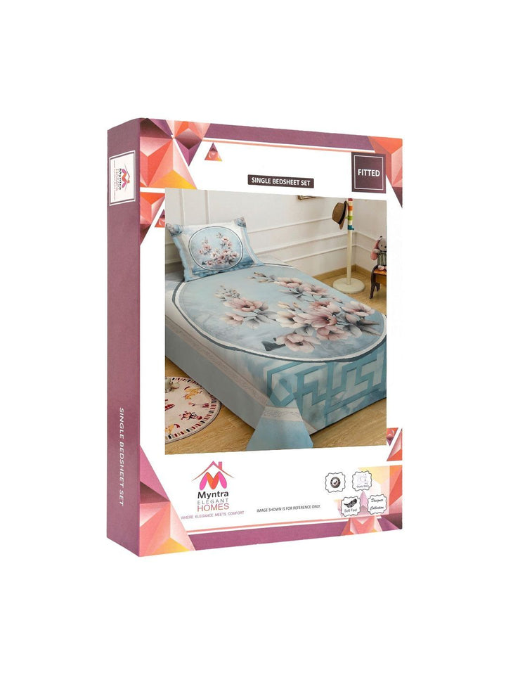 Myntra Elegant Blue Floral Printed Fitted 400 TC Single 7D Bedsheet & 1 Pillow Cover