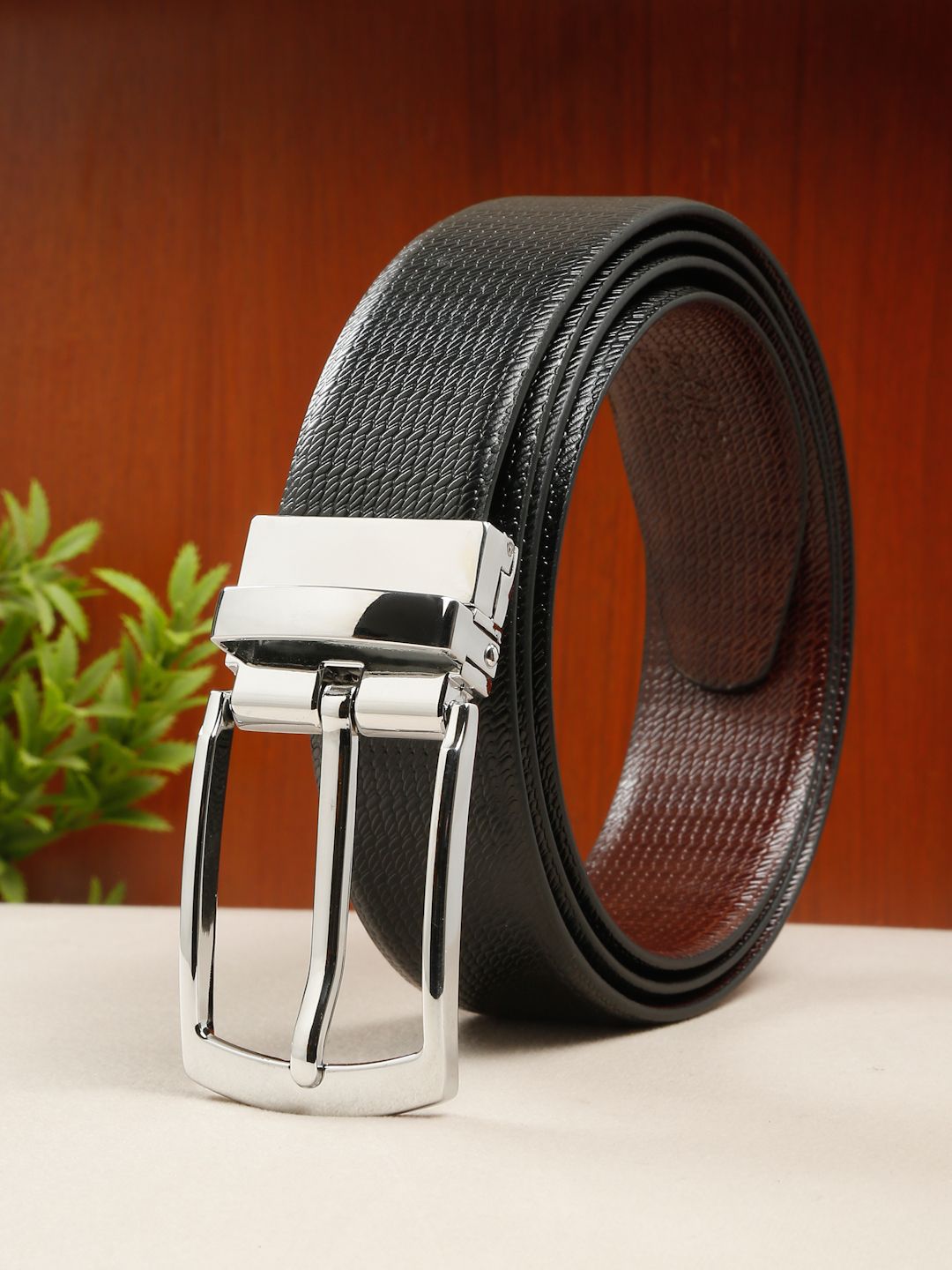 Teakwood Leathers Men Textured Leather Reversible Formal Belt