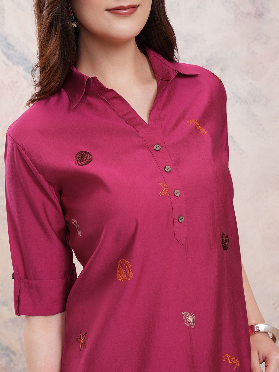 Vishudh Fuchsia Embroidered Shirt Collar Three-Quarter Sleeves Top With Trouser
