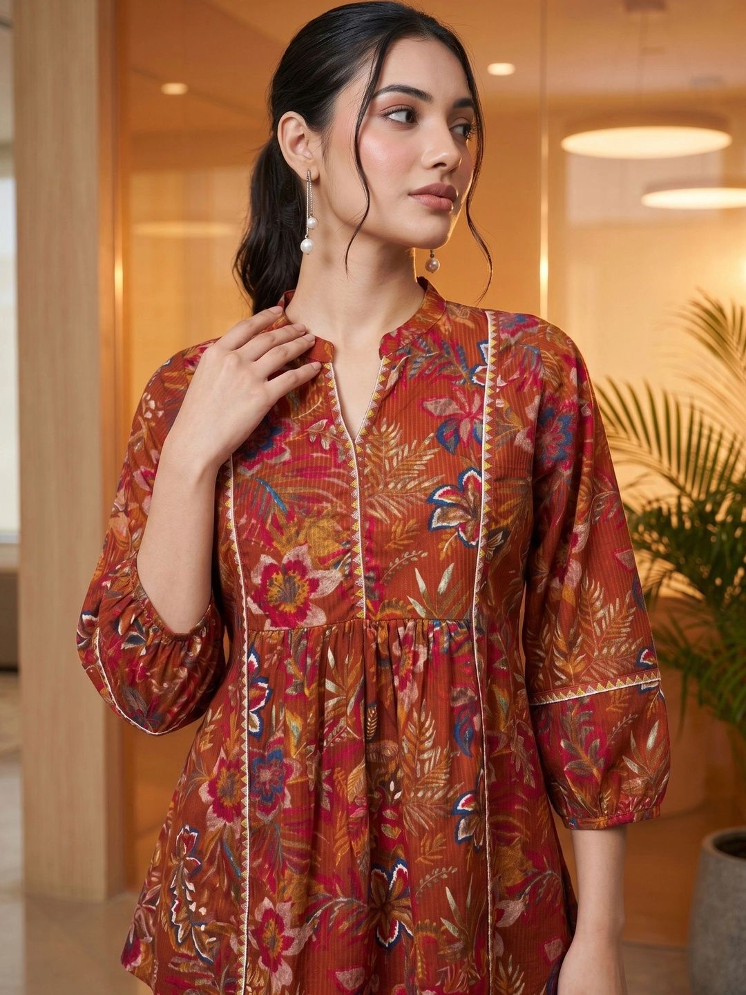Mamicha Floral Print Kolar Mandarin Puff Lengan Cotton Peplum Top